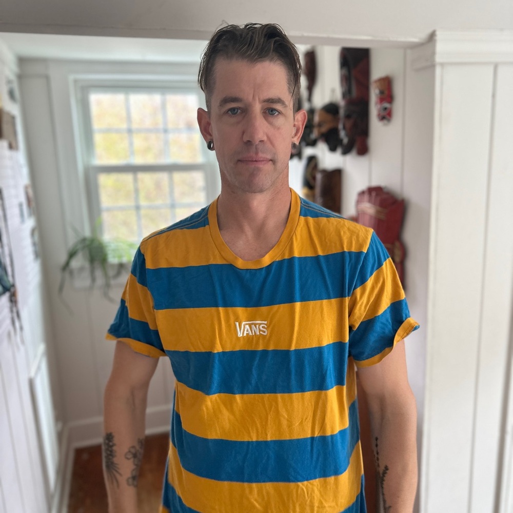 Vans Men's Bold Blue and Gold Striped Tee